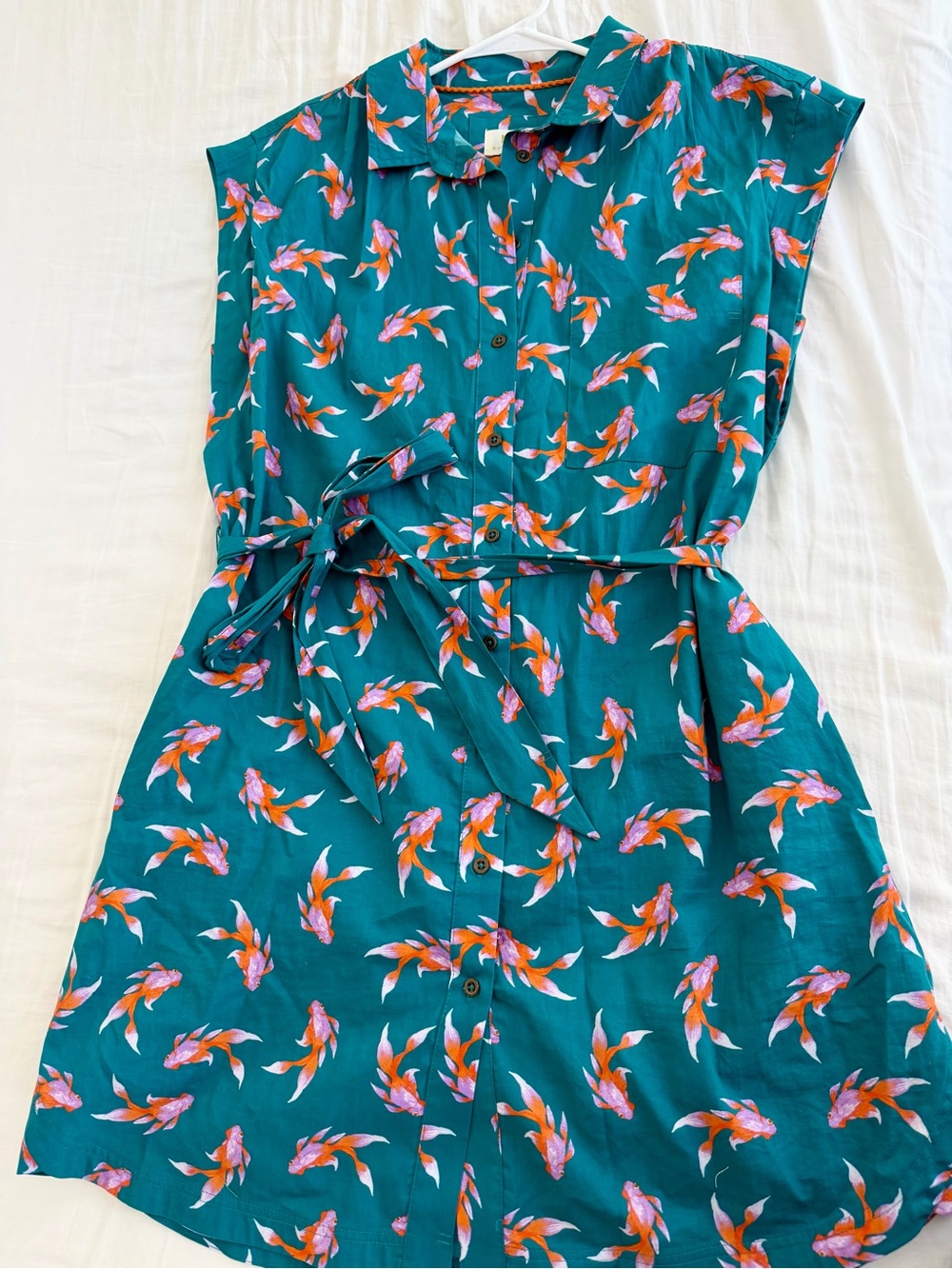 Anthropologie Teal Koi-Print Button-Front Midi Dress with Self-Tie - Picture 2 of 4